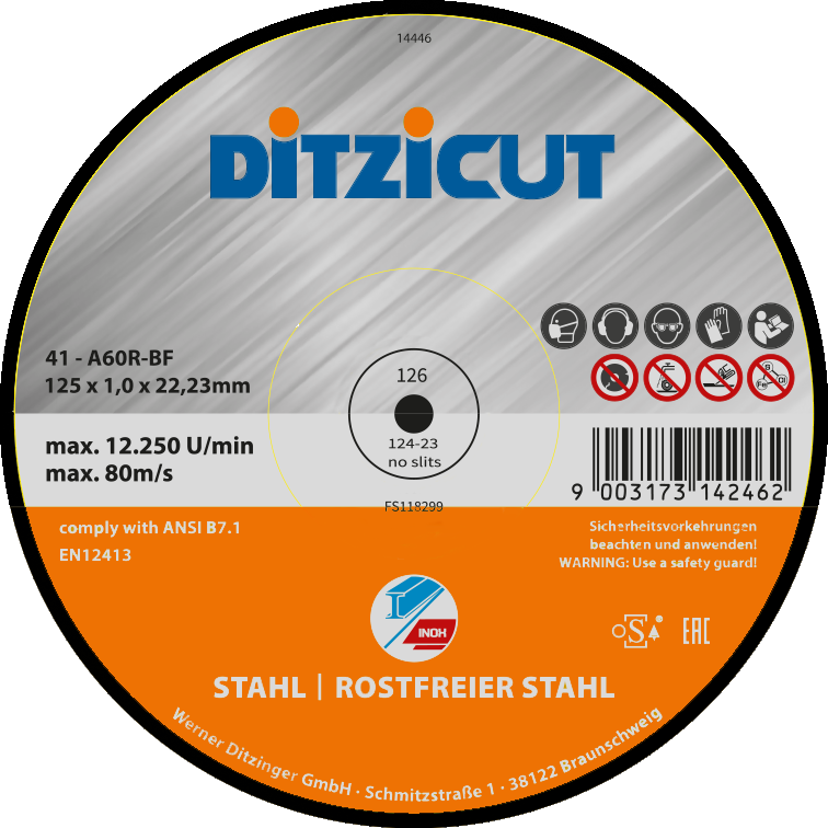 DITZICUT TRENNSCHEIBE 125X22,23X1,0mm 41-A60R-BF für ST/VA VE=25, neutral