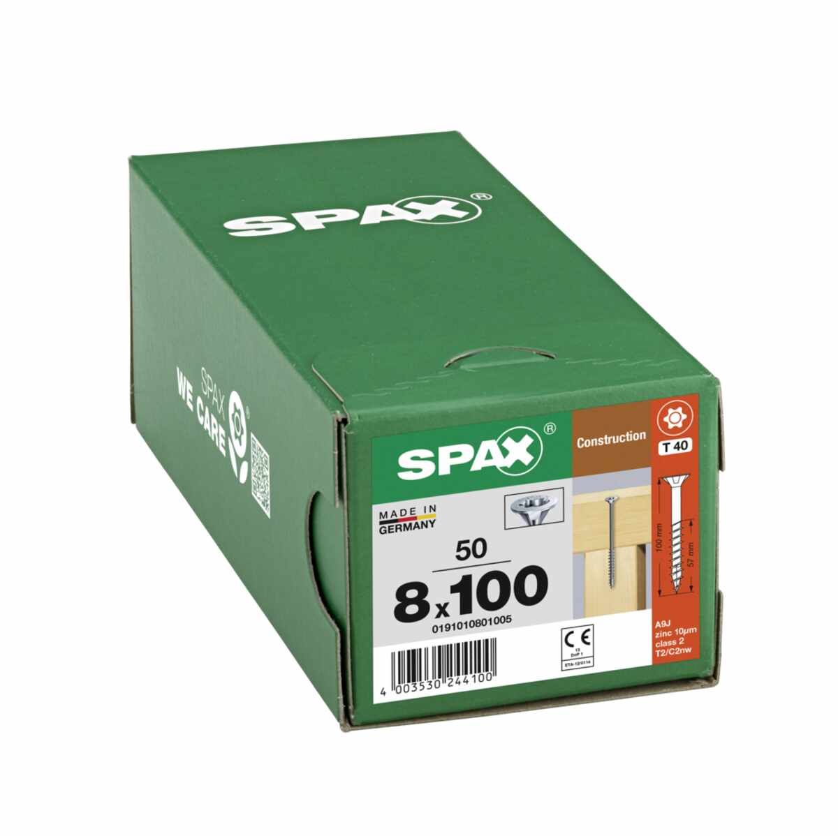 SPAX Holzbauschraube, 8 x 100 mm, 50 Stück, Teilgewinde, Senkkopf, T-STAR plus T40, 4CUT, WIROX - 0191010801005