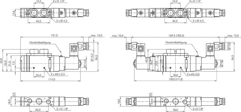 5/2-Wege Magnetventil, G 1/4" (G 1/8"), Federrückstellung, 115 V AC