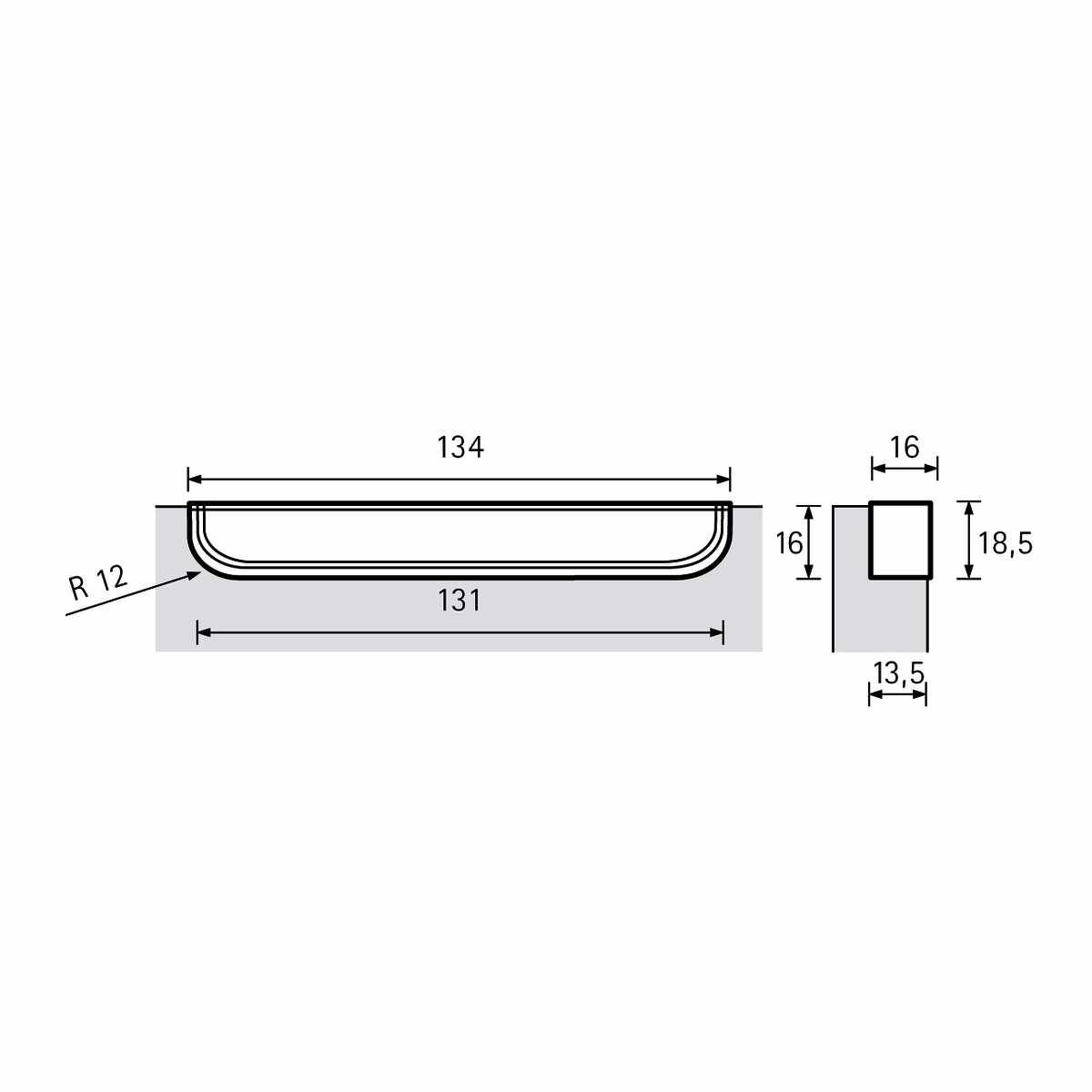 Einsetzgriff Genzone, L 134 mm, B 16 mm, H 16 - 18