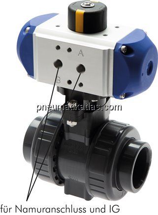Pneum. PVC-Kugelhahn, Rp 1/2", doppeltwirkend, Innengewinde, EPDM-Dichtung