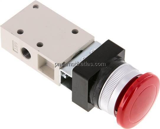 3/2-Wege Ventil G 1/8", Pilztaster rot