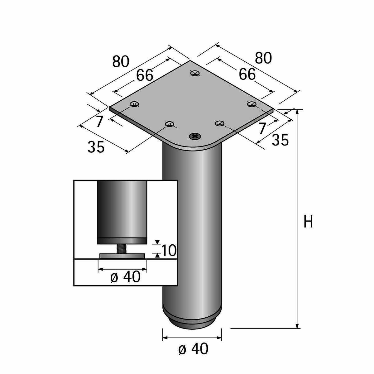 Möbelfuß Lano RO, 100 mm x silber eloxiert