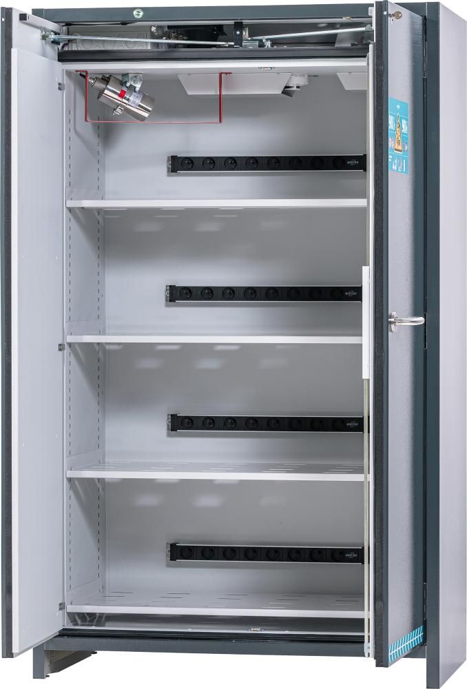 ASECOS Sich.Schr. ION-UL-TRA-90 B1193xT650xH1953mm4 Steckdosenl./1 Auffang-w. RAL7016