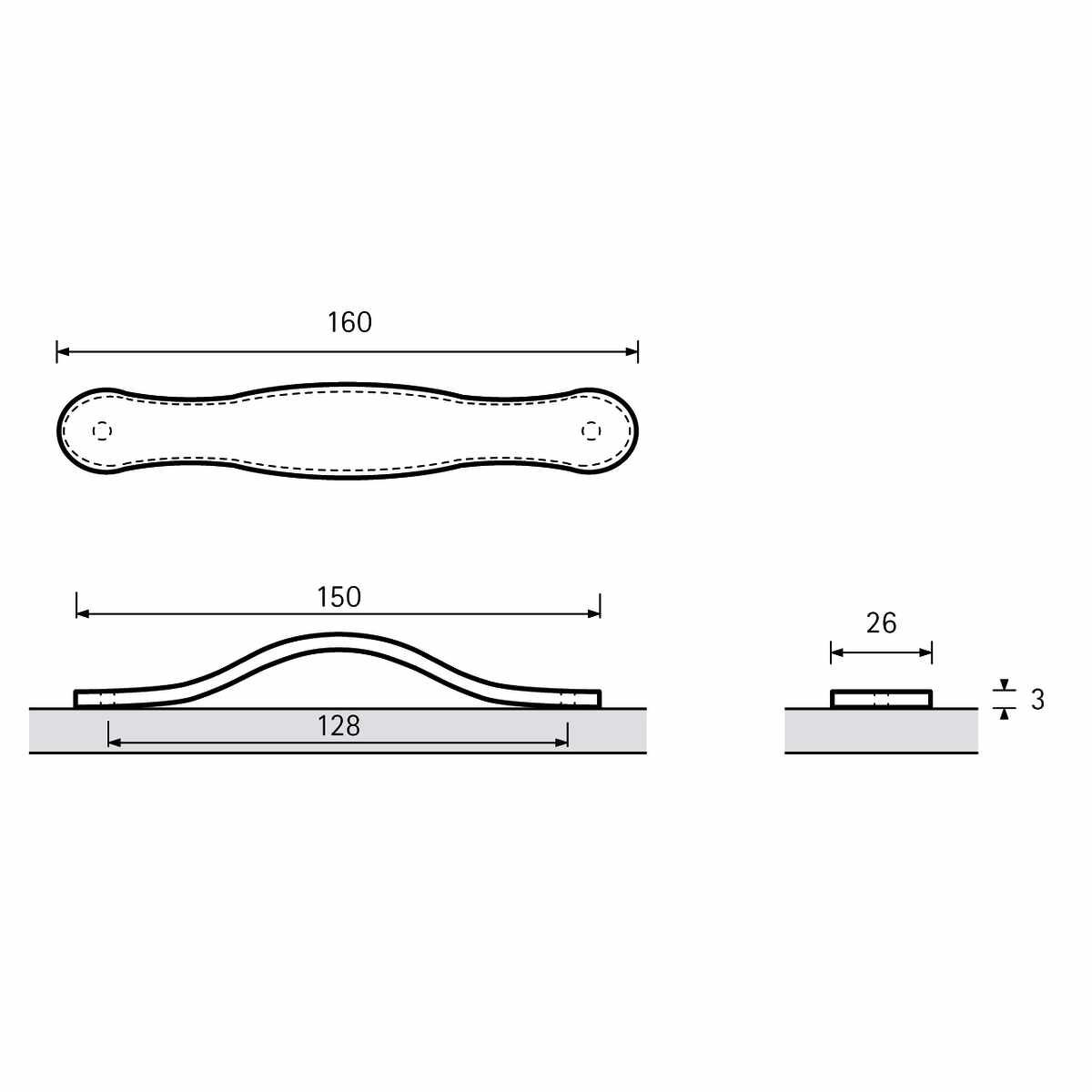 Griff Gela, Bohrabstand 128, L 150 mm, B 26 mm, H