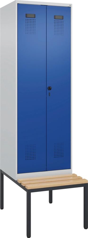 S/W-Gard.-Schrank EVOLO mit untergeb. Sitzbank RAL 7035/5010, 2 Abteile B600xT500xH2120mm