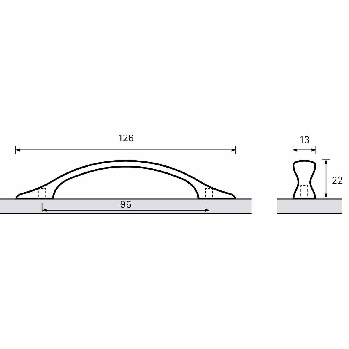 Griff Haida, Bohrabstand 96, L 126 mm, B 13 mm, H