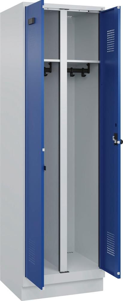 S/W-Gard.-Schrank EVOLO mit 100 mm hohem Sockel RAL 7035/5010, 2 Abteile B600xT500xH1950mm