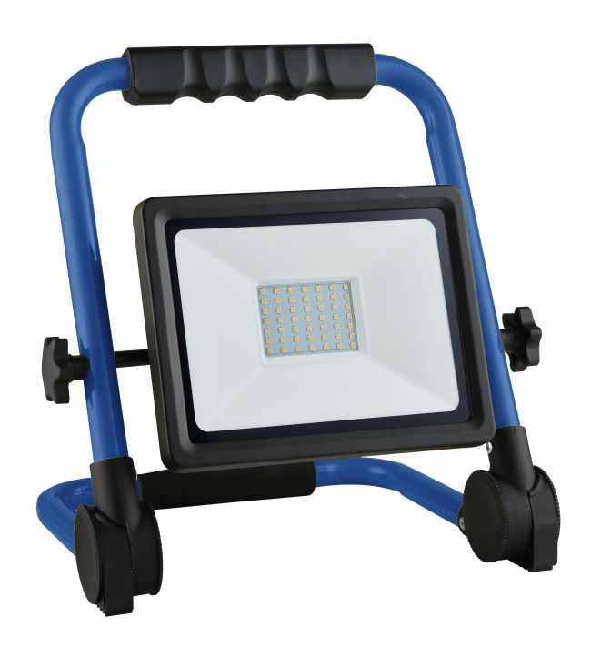schwarz, auf klappbarem blauen Tragegestell, 3m schwere Gummischlauchleitung H05RN-F 3G1,0 mit Schutzkontaktstecker.