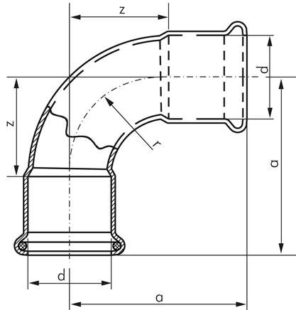 Pressfitting, 90° Bogen, 15mm innen, Kupfer / Kupferlegierung