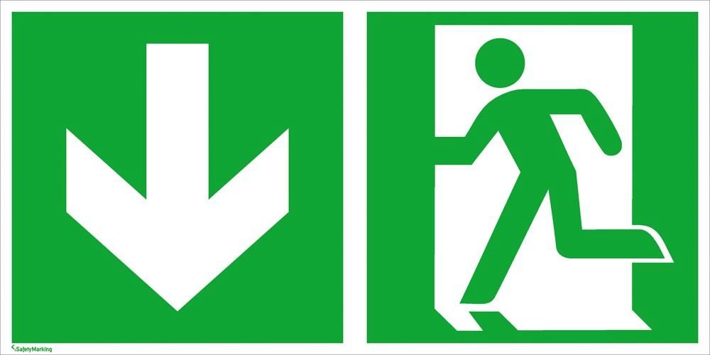 Fluchtwegschild Alu B300xH150 mm Notausgang links mit Pfeil abwärts langnachleuchtend