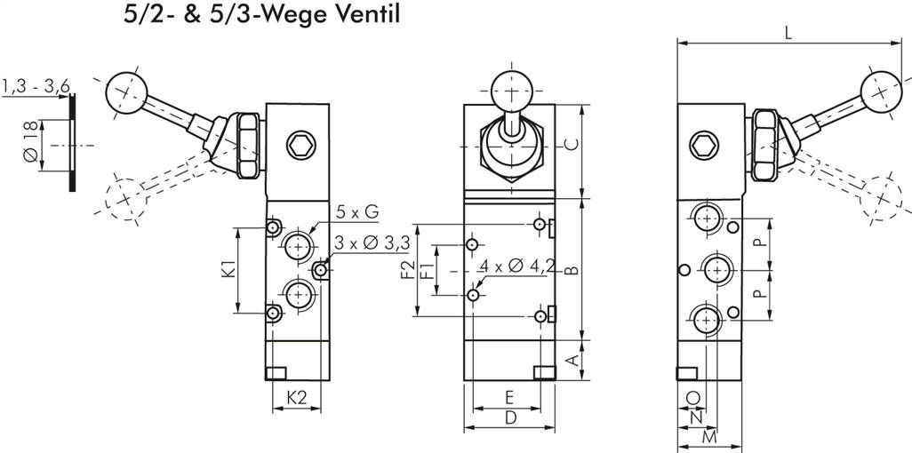 5/2-Wege Handhebelventil, Federrückstellung, G 1/8"