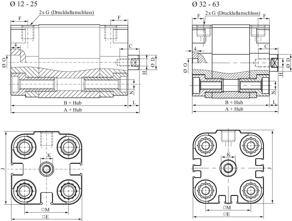 Kompaktzylinder, einfachwirkend, Kolben 12mm, Hub 5mm