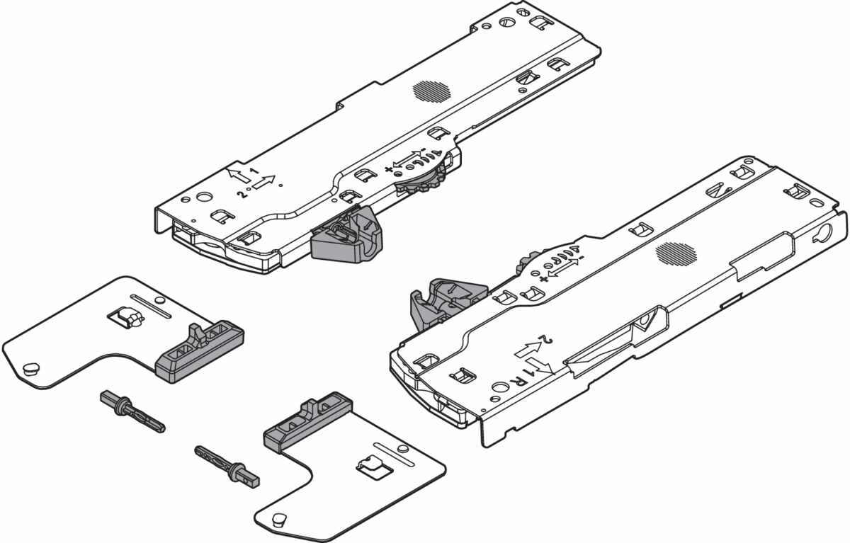 Set (TIP-ON BLUMOTION Einheit + Mitnehmer + Adapter), für LEGRABOX, für MOVENTO, Typ L1, NL=350-600 mm, Gesamtgewicht des Auszugs=0-20 kg, links/rechts, R7035 lichtgrau