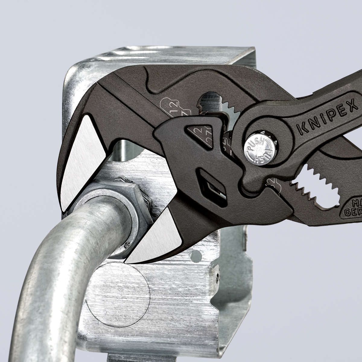 KNIPEX 86 01 250 Zangenschlüssel Zange und Schraubenschlüssel in einem Werkzeug mit rutschhemmendem Kunststoff überzogen grau atramentiert 250 mm