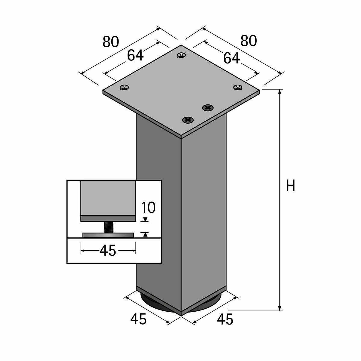 Möbelfuß Lano SQ 46, 100 mm x silber eloxiert