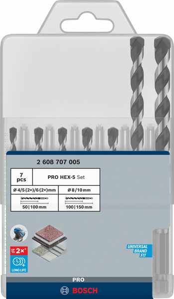 PRO HEX-5 Bohrer-Set, 4x100, 5x100, 5x100, 6x100, 6x100, 8x150, 10x150 mm,7-tlg.