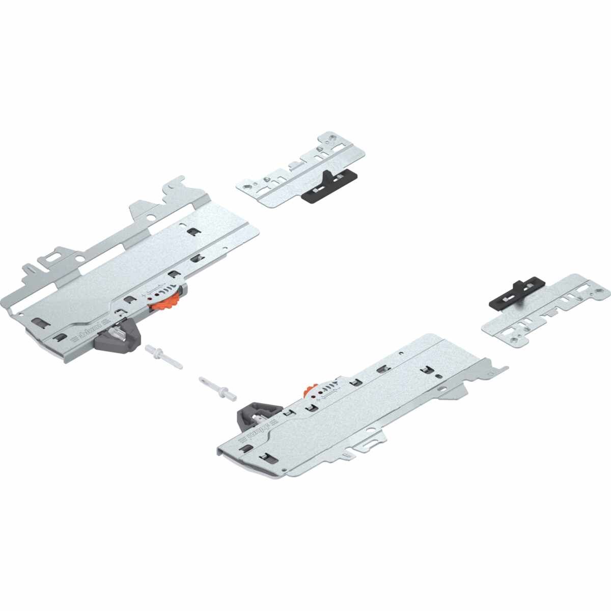 Set (TIP-ON BLUMOTION Einheit + Mitnehmer + Adapter), für MERIVOBOX, Typ S1, NL=270-300 mm, Gesamtgewicht des Auszugs=10-20 kg, links/rechts, R7035 lichtgrau