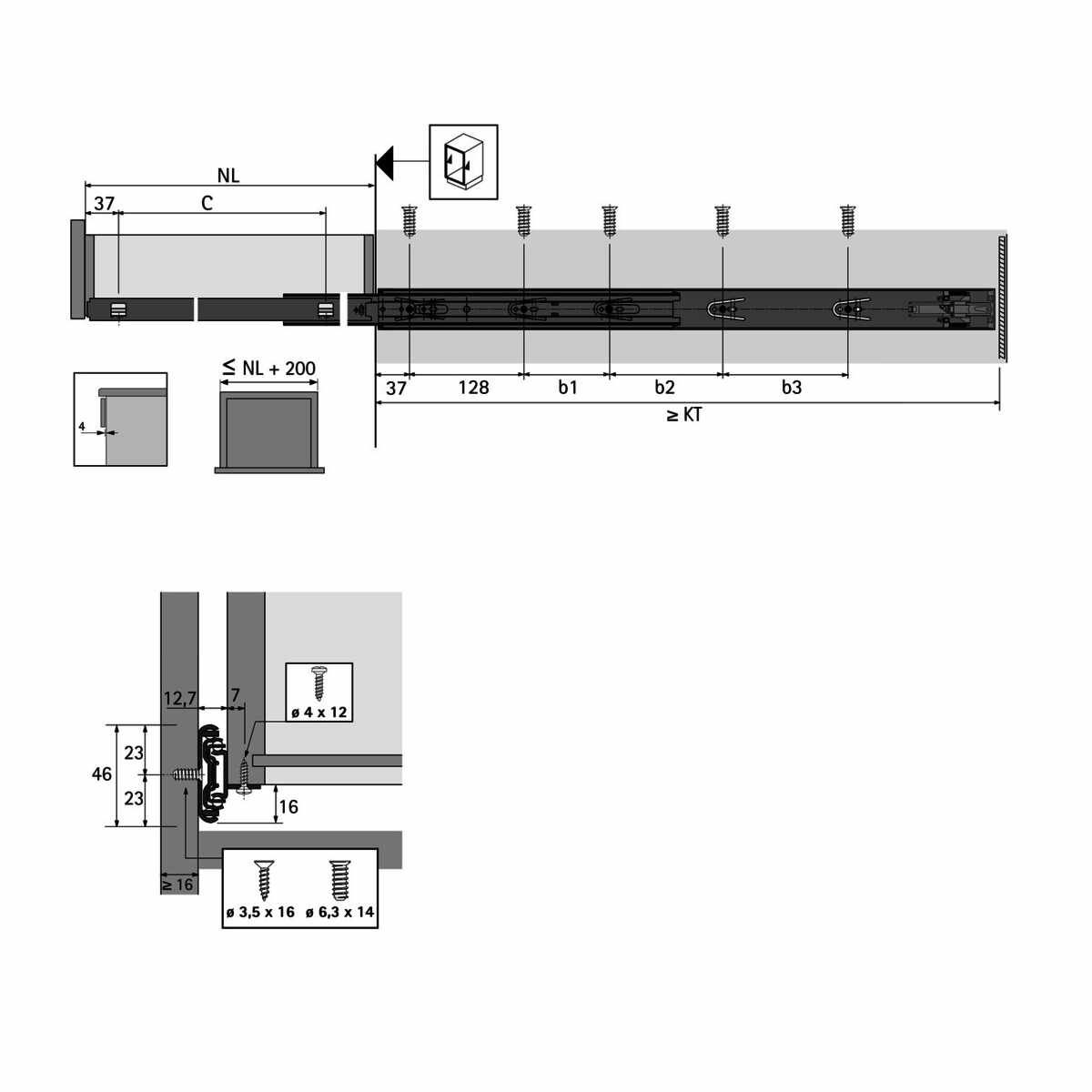 Kugelauszug KA 4532 AM Push to open, 12,7 mm Einba