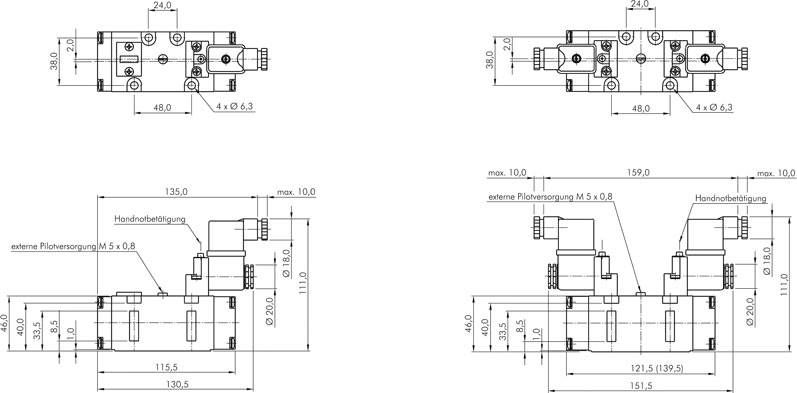 ISO-Ventil (Größe 2), 5/3-Wege, Mittelstellung geschlossen, 24 V=