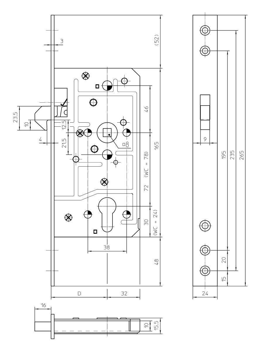 KFV Schiebetürschloss 55/72/8 F24 Nirosta matt gebürstet 1631 PZW