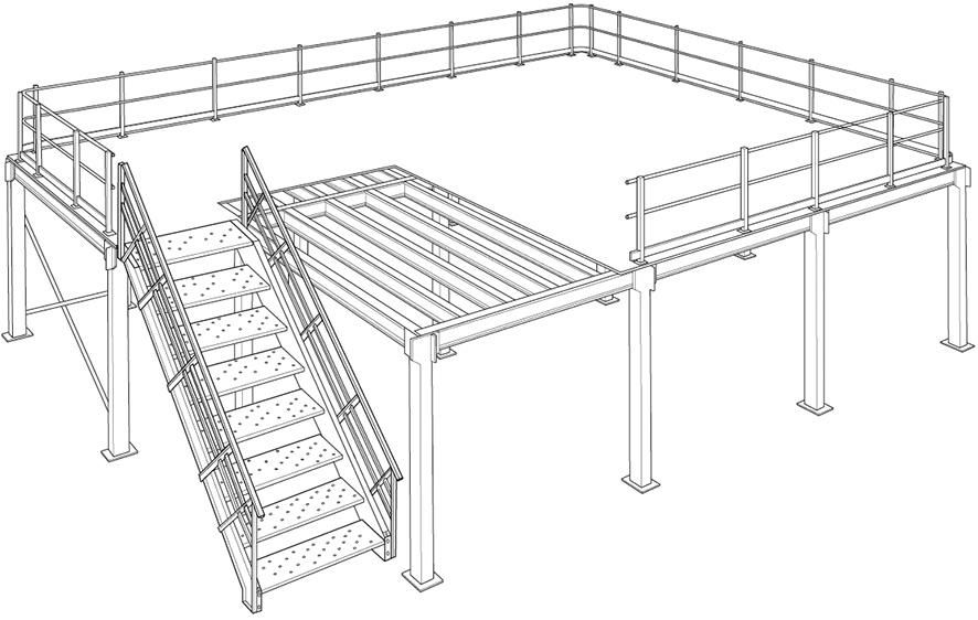 Lagerbühne Mezzastair B4000 x T4000 x H3000mm Traglast 350kg/m2 mit Treppe und Geländer