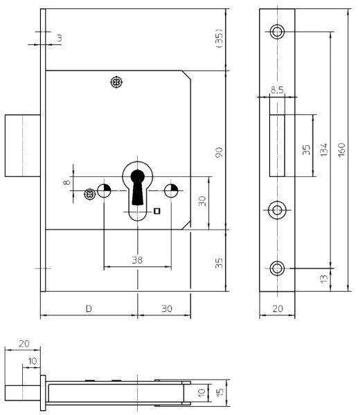KFV Riegelschloss 55 F20 altsilber lack. GE1356