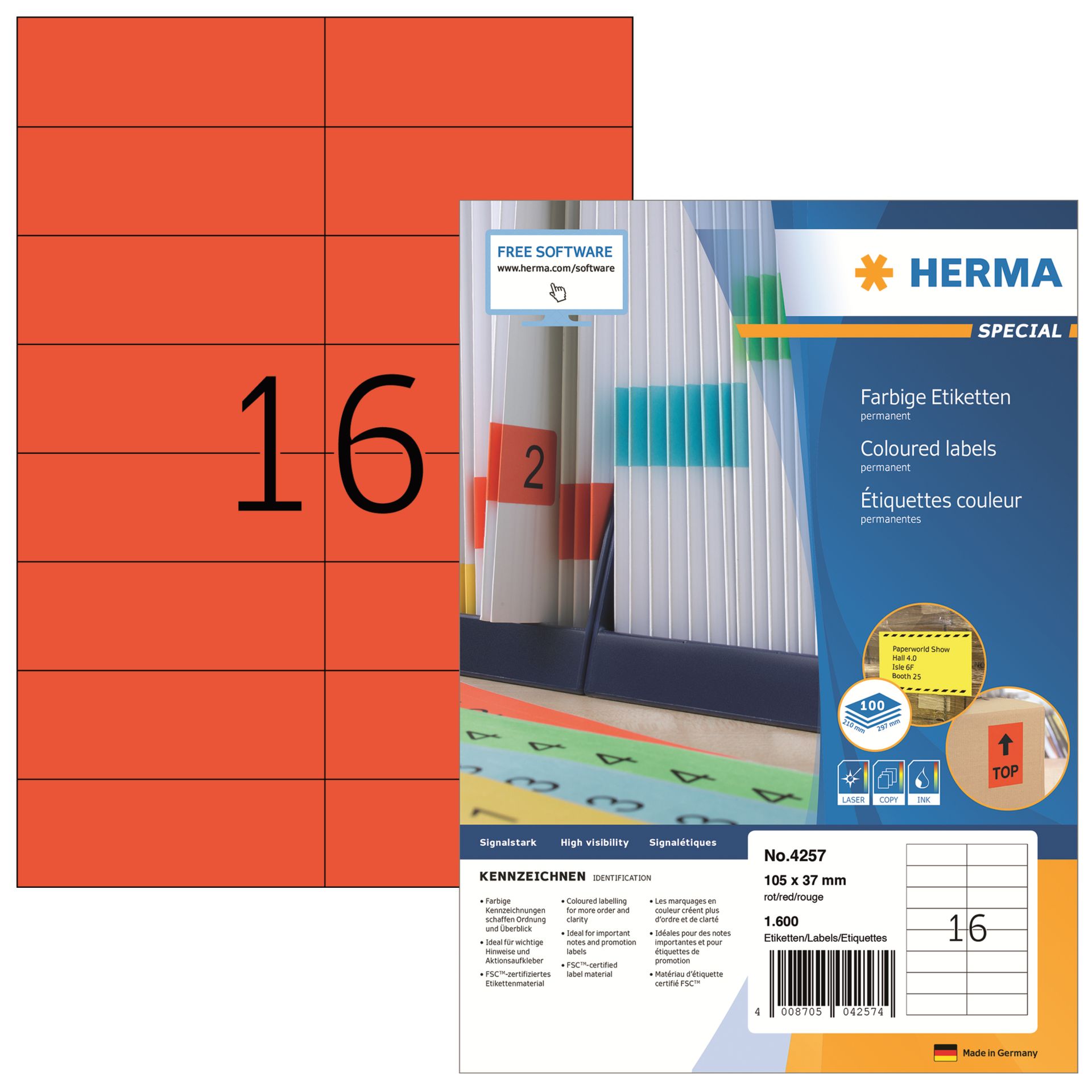 Etikett 105x37mm A4 rot 1.600 St./Pack.