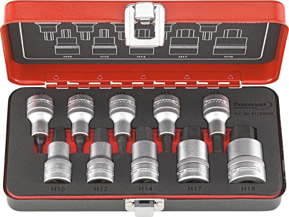 Schraubendrehereinsatz- Satz 1/2" Innensechskant 4-19mm 10-teilig FORMAT