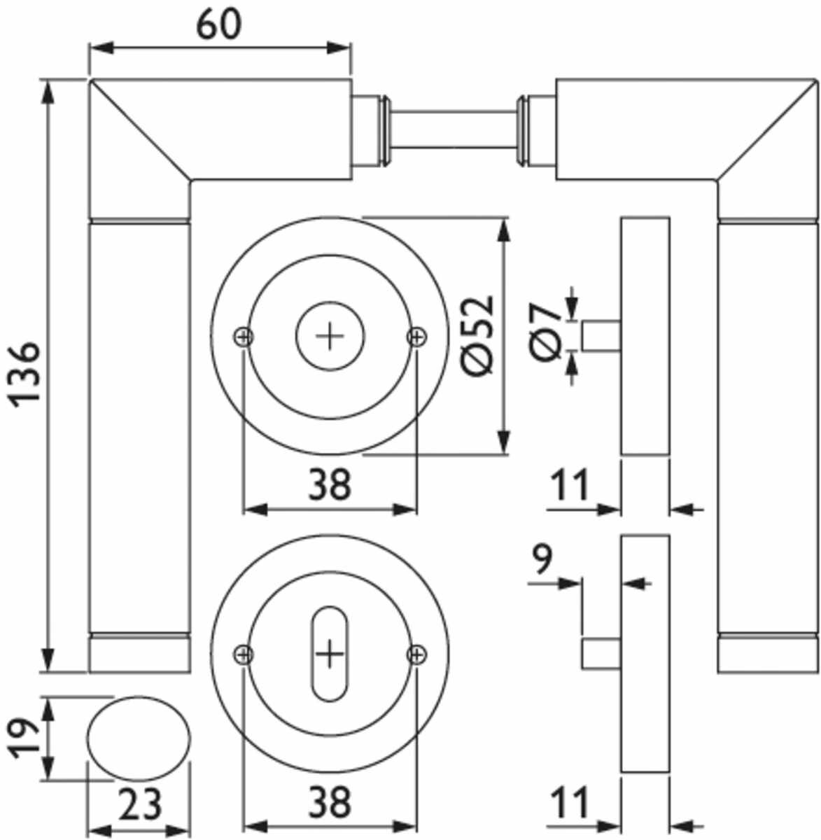 ZT-Drückergarnitur 1356 BIC WIND - mit Smart-Clip Rosetten 2331 SC & RHF - Ausf.: BB - fest/drehbar, mit Rückholfeder, Tst. 37 - 47 mm