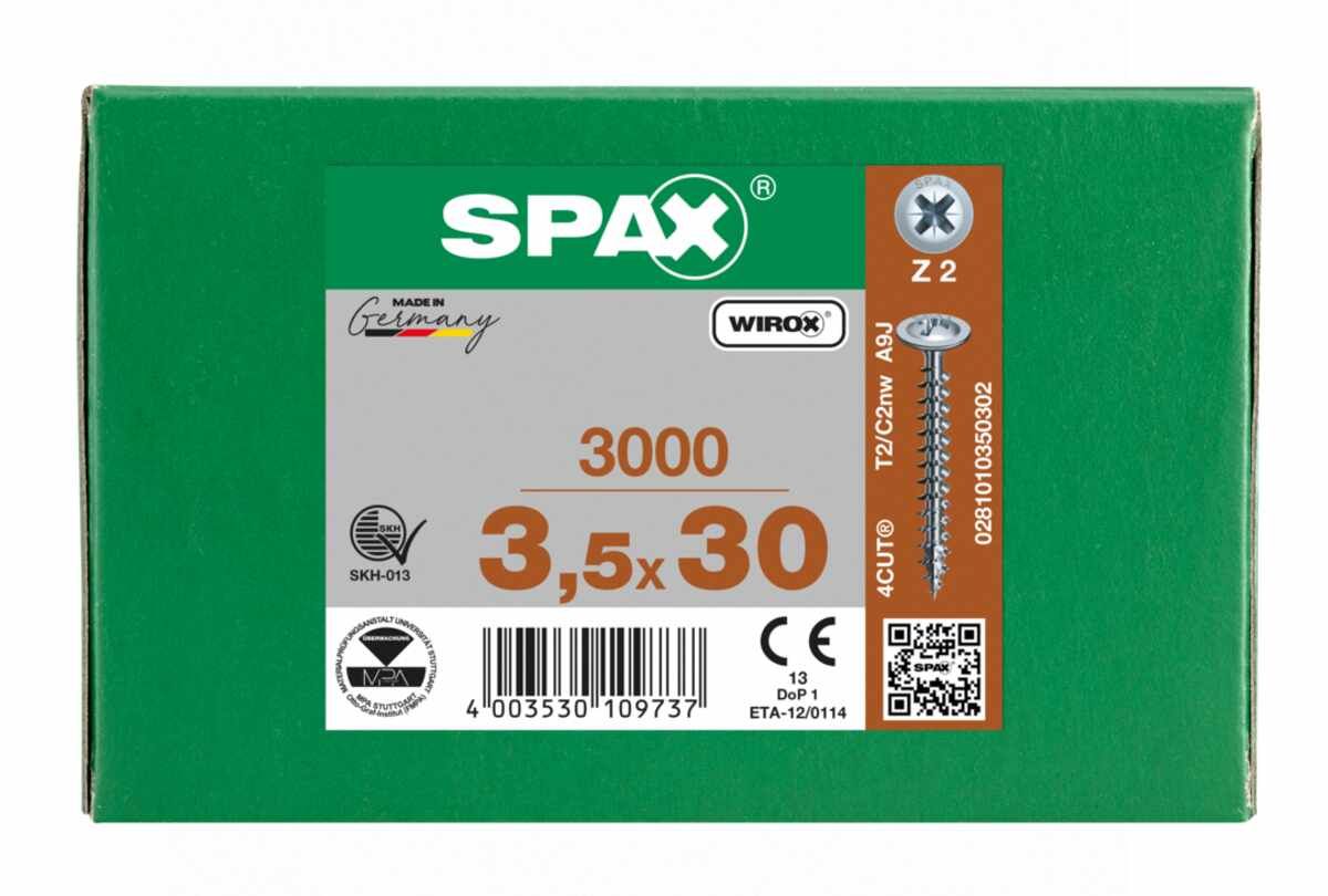 SPAX Universalschraube, 3,5 x 30 mm, 3000 Stück, Vollgewinde, Rückwandkopf, Kreuzschlitz Z2, 4CUT, WIROX - 0281010350302