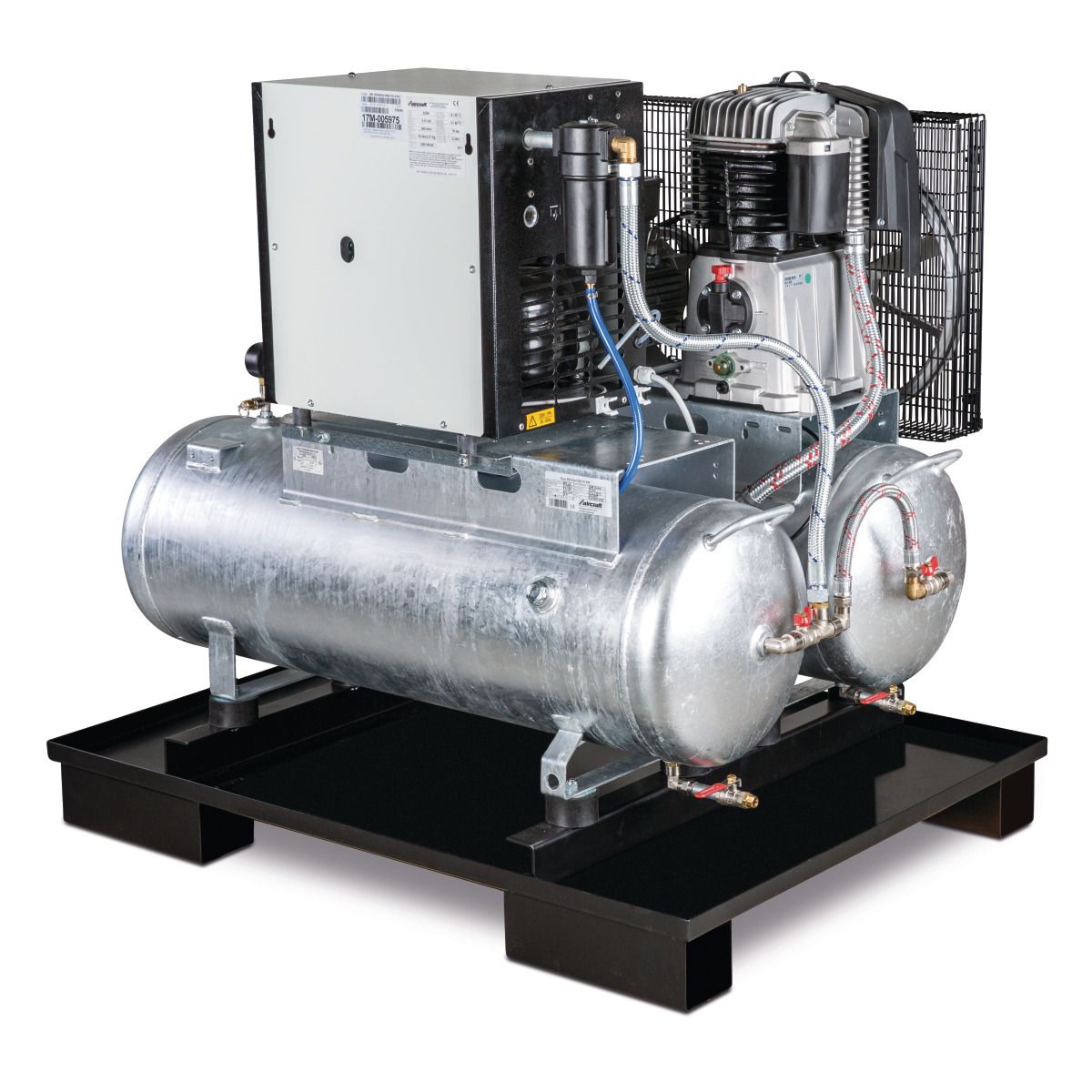 Stationärer Kolbenkompressor mit 2x 100 Liter-Druckluftbehältern und Kältetrockner Aircraft AIRPROFI DUO 703/2x100/10 K