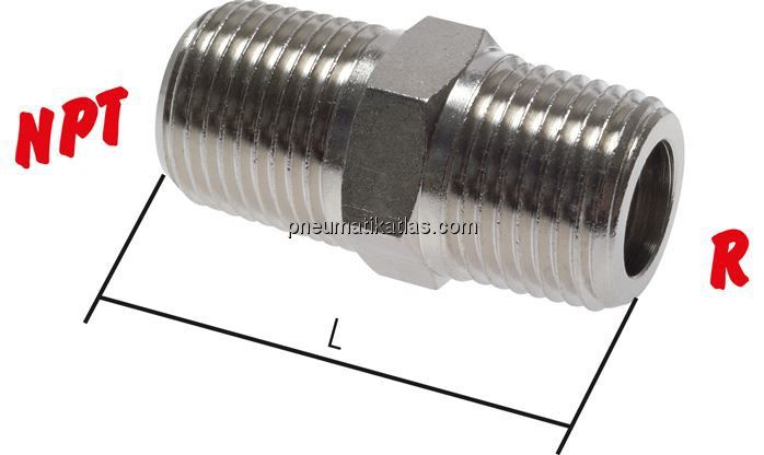 Doppelnippel R 1/8"-NPT 1/8", Messing vernickelt