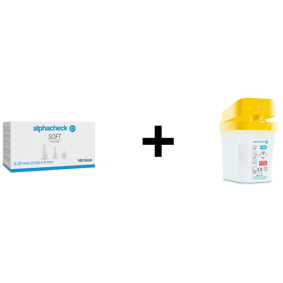 alphacheck soft Pen-Nadeln 8 mmmit alphacheck Entsorgungsbox 0,2 Ltr.UK = 50 Set