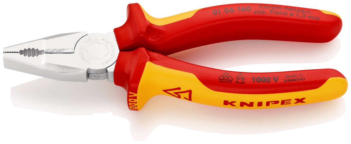 KNIPEX 01 06 160 Kombizange Chrom-Vanadin isoliert mit Mehrkomponenten-Hüllen, VDE-geprüft verchromt 160 mm