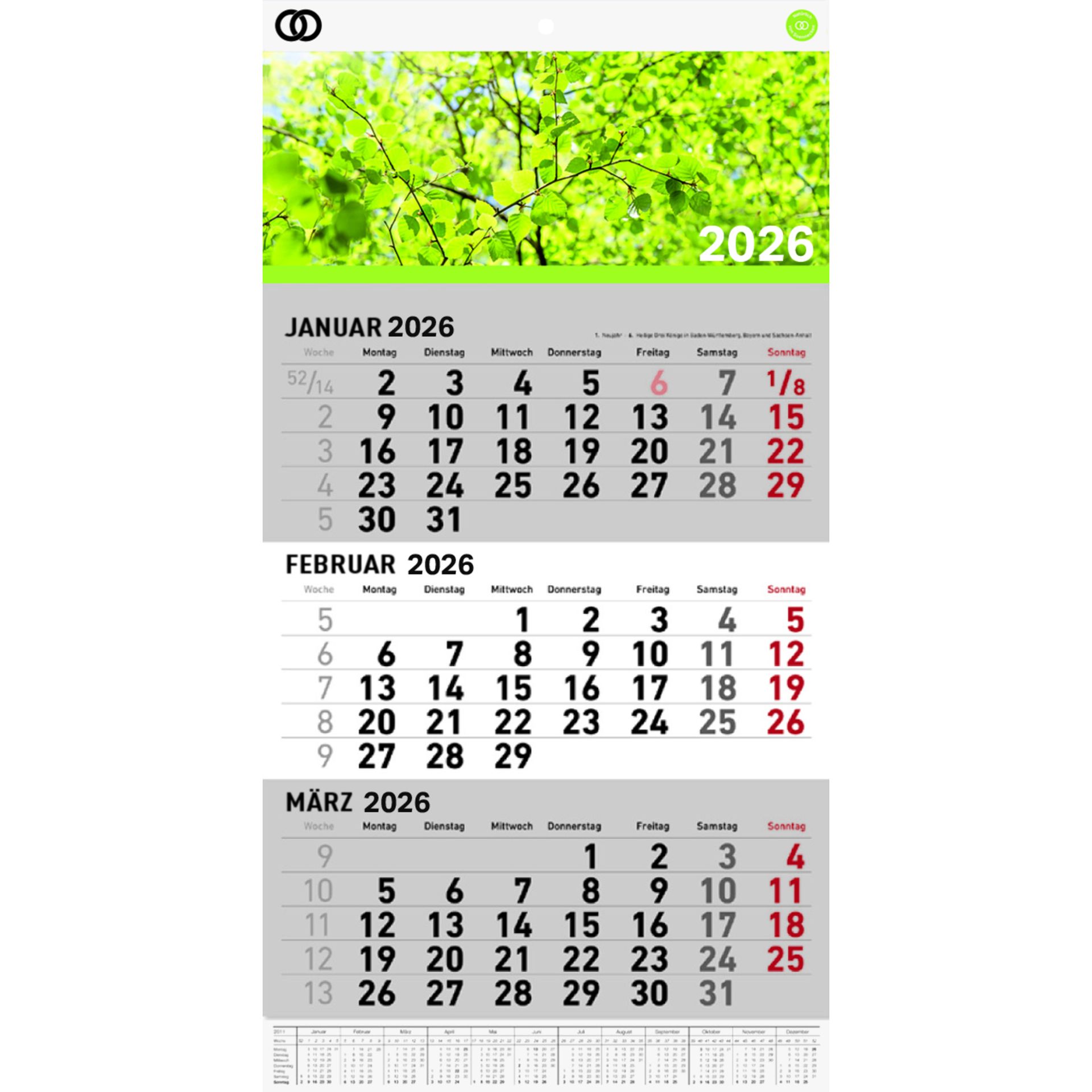 Dreimonatswandkalender oeco 2026