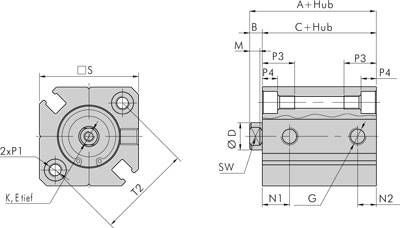 Kompaktzylinder, doppeltwirkend, Kolben 12mm, Hub 25mm