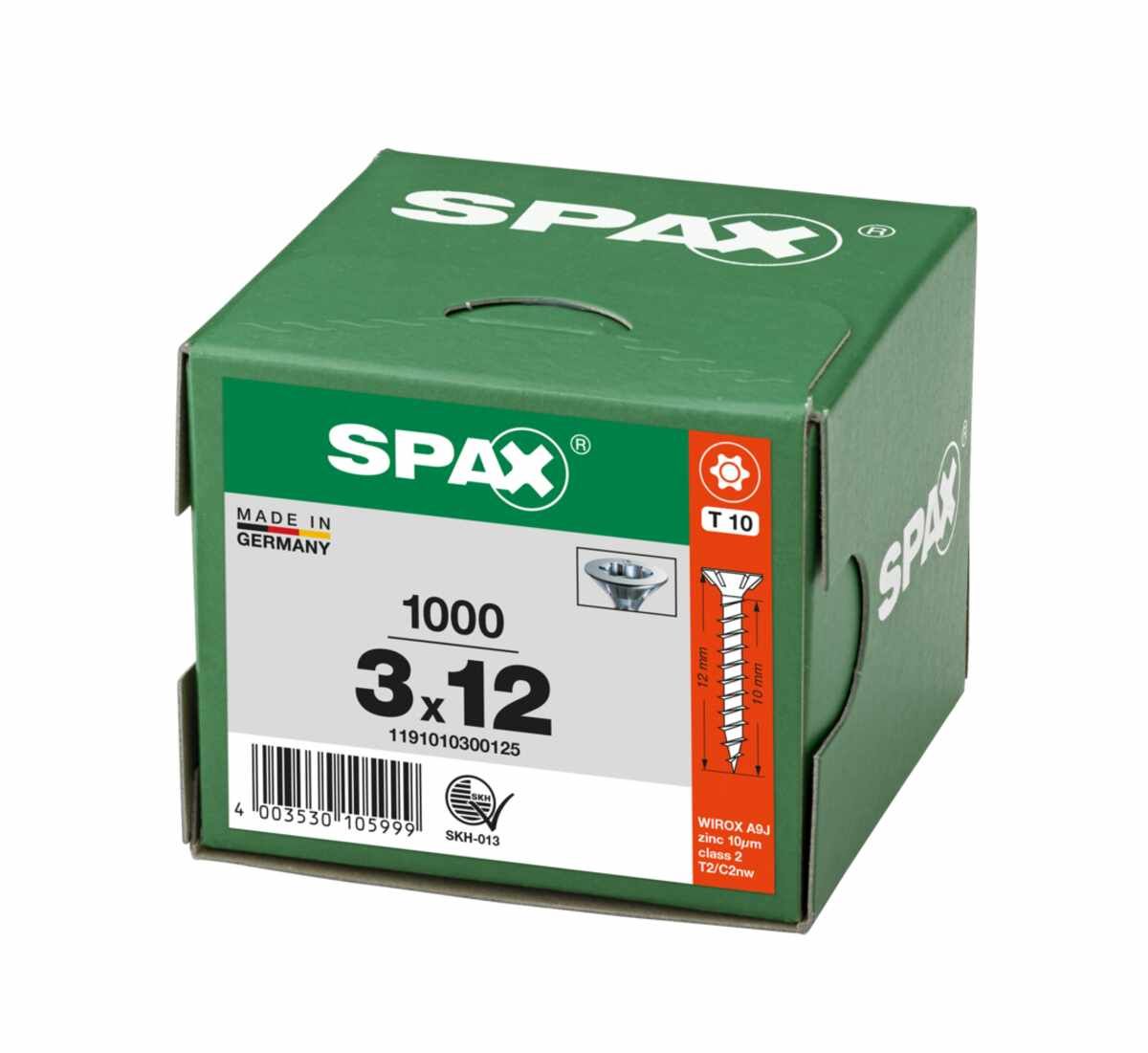SPAX Universalschraube, 3 x 12 mm, 1000 Stück, Vollgewinde, Senkkopf, T-STAR plus T10, S-Spitze, WIROX - 1191010300125