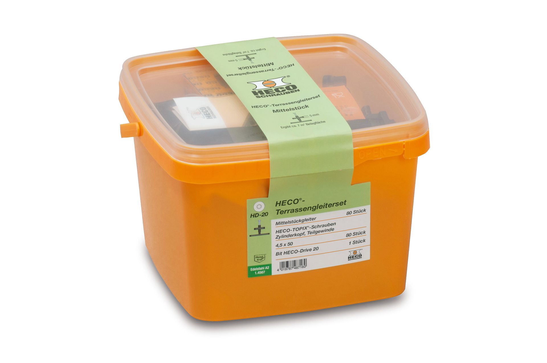 HECO-Terrassengleiterset, 80 x Mittelstück, 80 x HECO-TOPIX-Terrassengleiterschraube, 1 x Bit HD-20, in Kunststoffbox