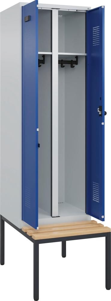 S/W-Gard.-Schrank EVOLO mit untergeb. Sitzbank RAL 7035/5010, 2 Abteile B600xT500xH2120mm