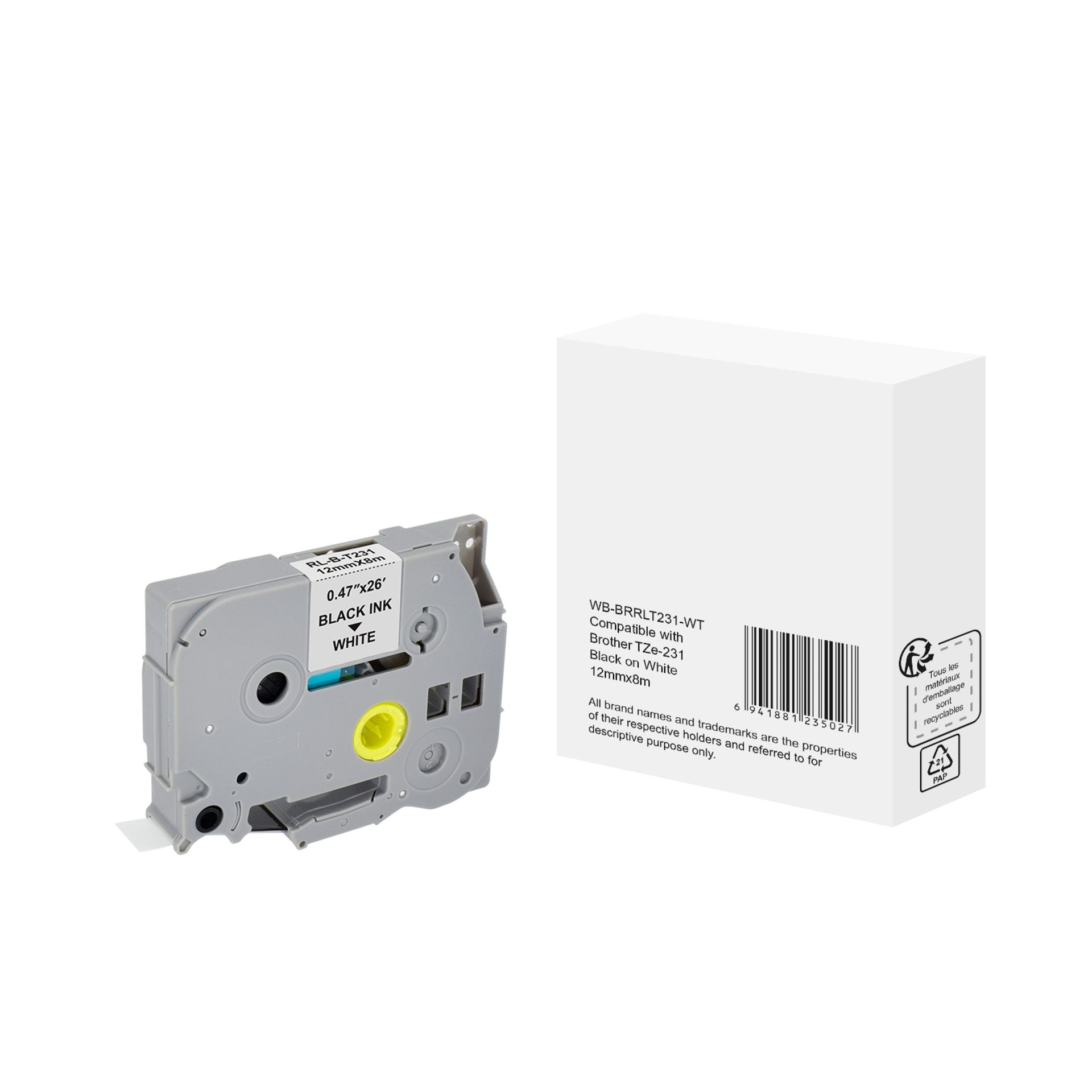 Schriftband wie Brother TZe-231 12mmx8m sw auf ws