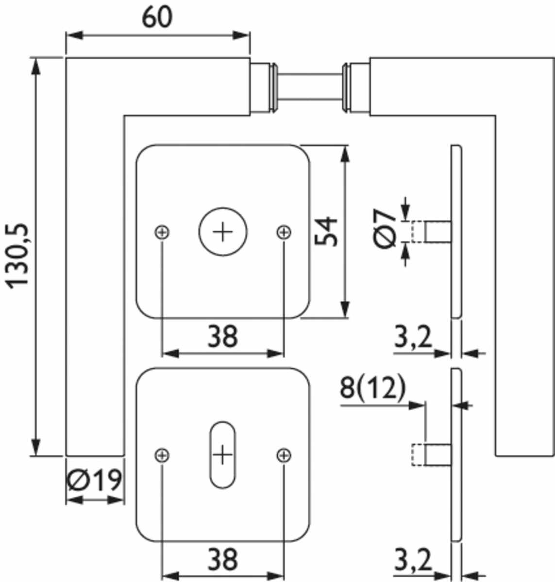 ZT-Drückergarnitur 1892 BASIC 02 - mit Flach-CLIP Rosetten 2641 FLK & RHF kantig - Ausf.: BB