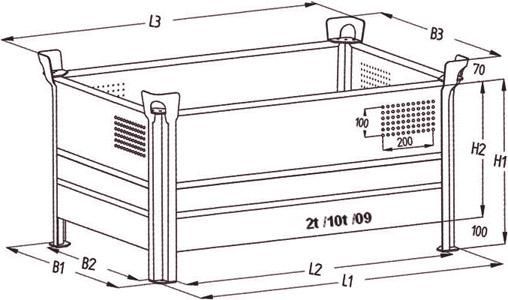 Stapelbehälter RAL5010 B800xT500xH500 mm Nutzlast0,5t Auflast2,5t 1 Längsseite halb hoch