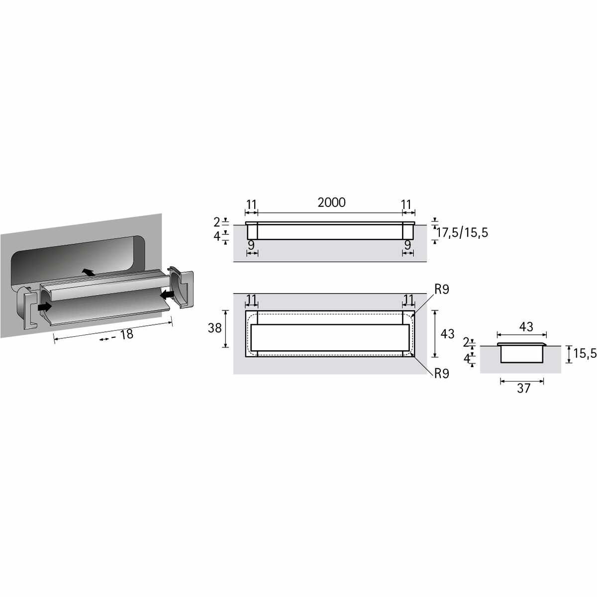 Endstücke Spira, L 11 mm, H 43 mm, Aluminium Optik
