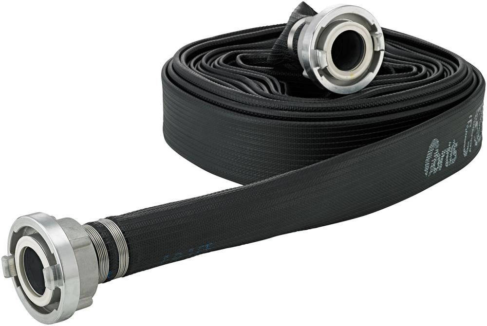 Mehrzweckflachschlauch gummiert, schwarz, B/75mm, STORZ Kupplungen 20m FORTIS
