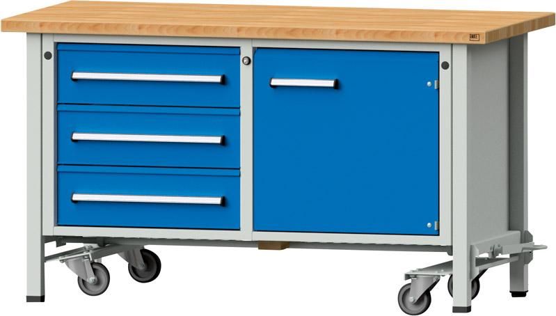 Anke Werkbank fahrbar B1500xT700xH840mm RAL7035/5012 BMP: 40 mm 3 Schubladen, 1 Tür