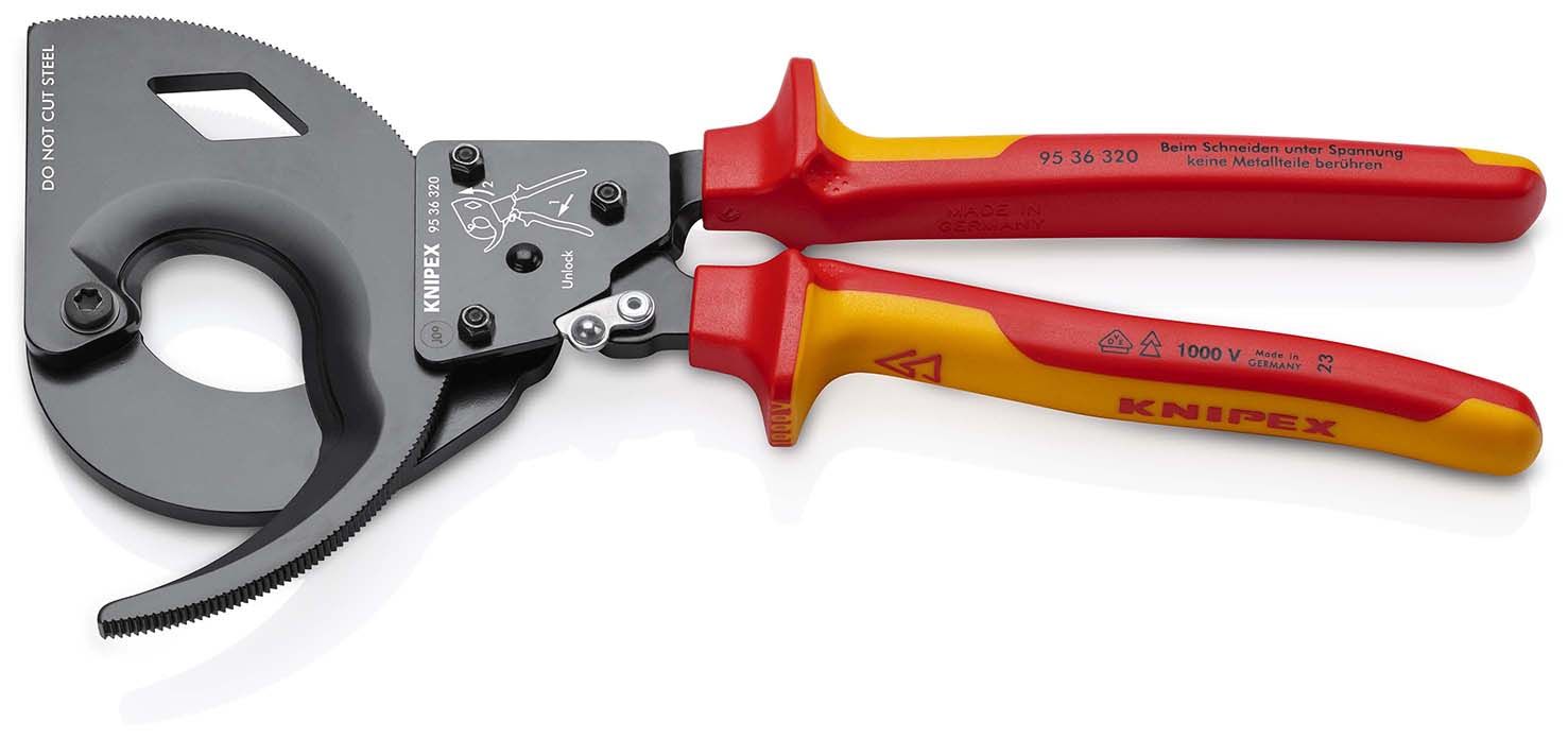 KNIPEX Kabelschneider (Ratschenprinzip, Dreigang) isoliert mit Mehrkomponenten-Hüllen,