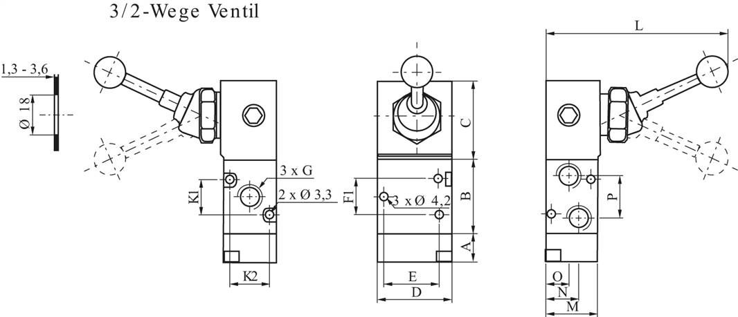 3/2-Wege Handhebelventil, Federrückstellung, G 1/8"