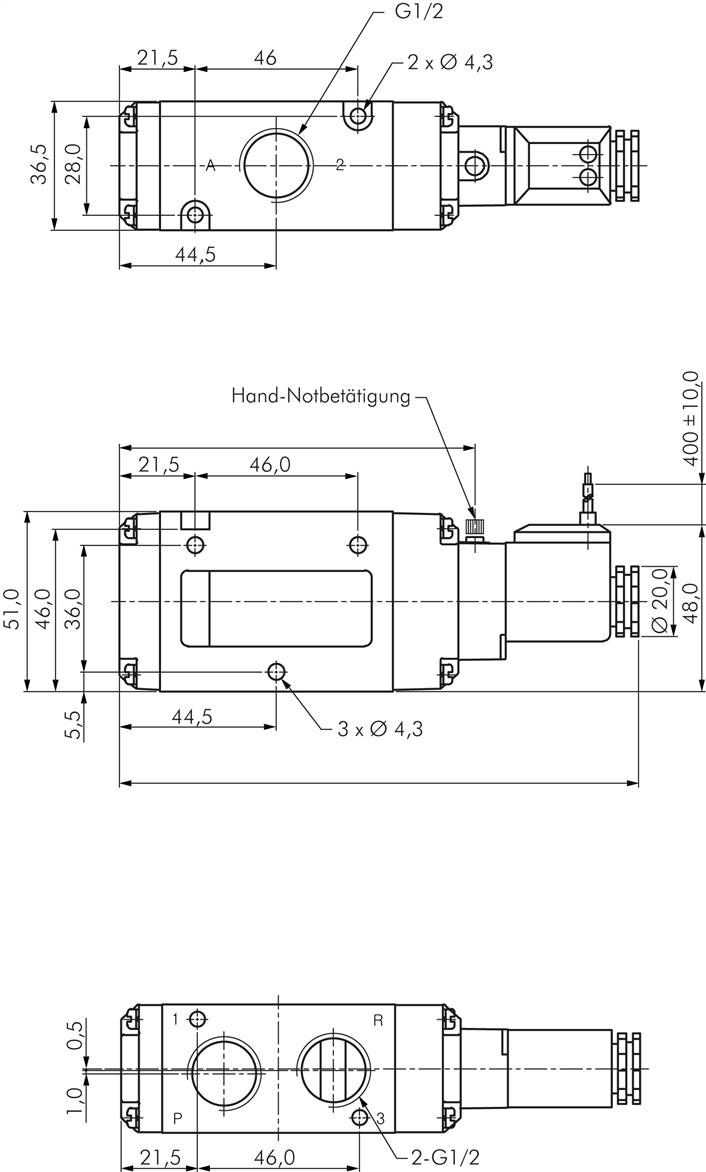 3/2-Wege Magnetventil, G 1/2", Federrückstellung (NC), 24 V=