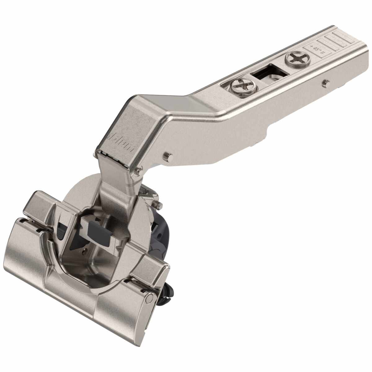 CLIP top BLUMOTION Winkelscharnier 45° II，aufschlagend, Topf: werkzeuglos mit INSERTA, vernickelt